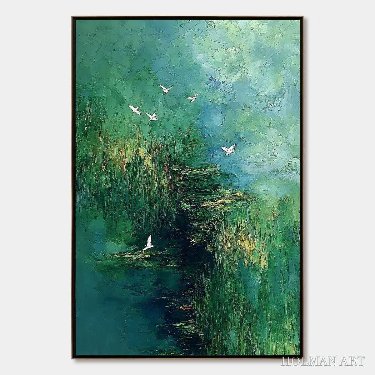 HOLMAN ART Verdant Sanctuary – Abstract Green Forest Landscape with Flying Birds - image 1