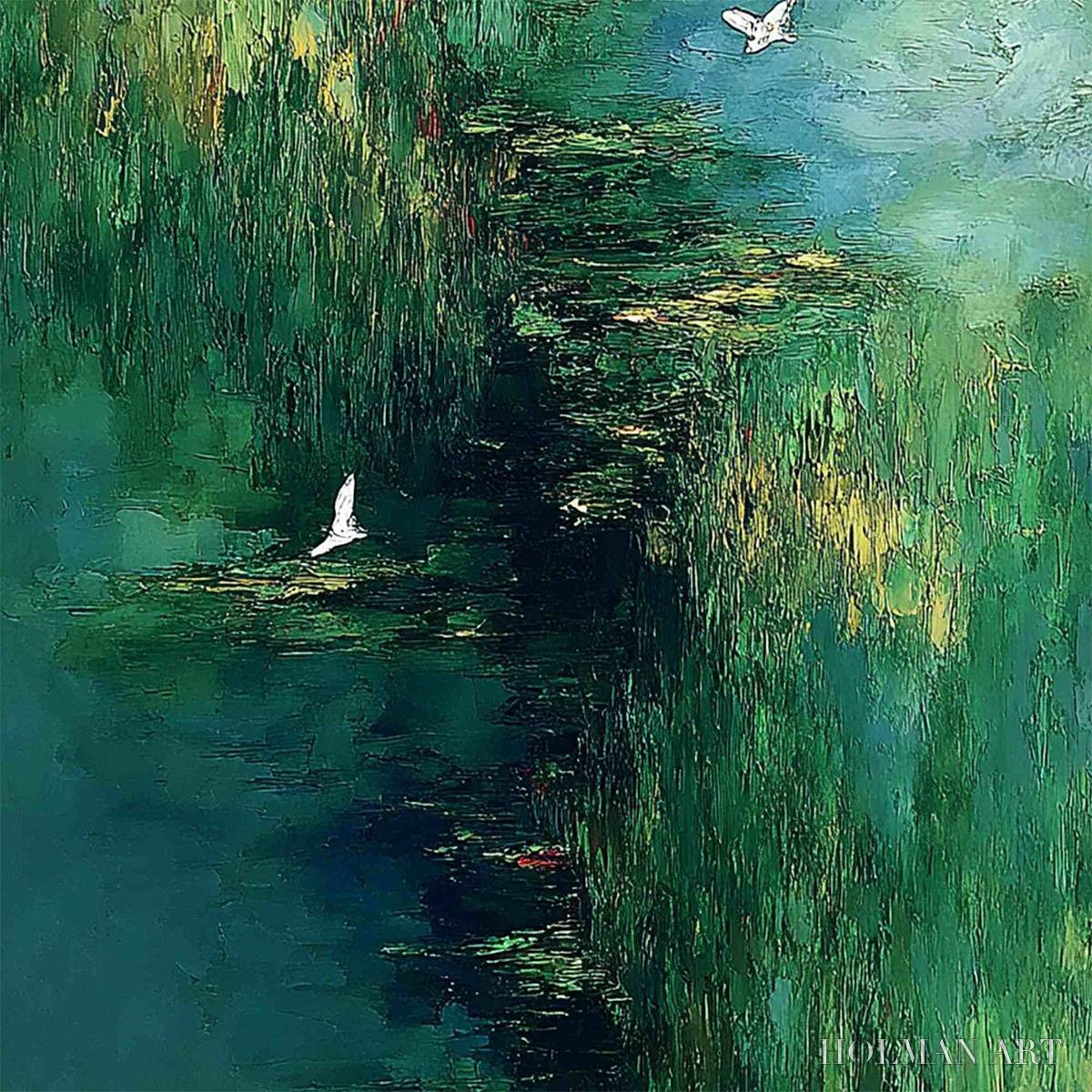 HOLMAN ART Verdant Sanctuary – Abstract Green Forest Landscape with Flying Birds - image 3
