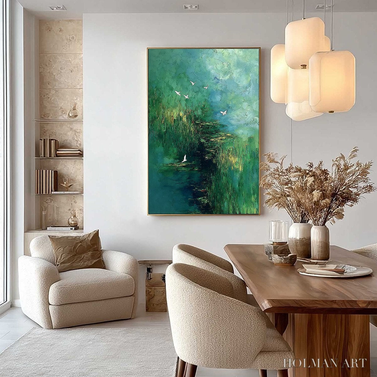 HOLMAN ART Verdant Sanctuary – Abstract Green Forest Landscape with Flying Birds - image 4