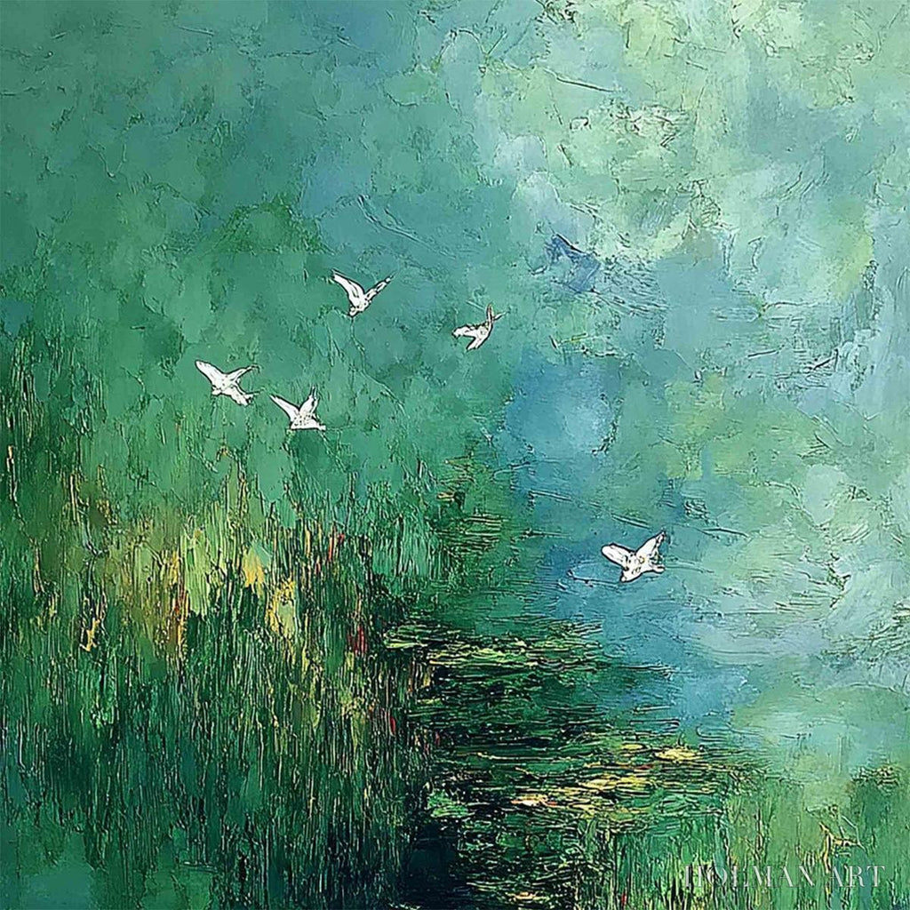 HOLMAN ART Verdant Sanctuary – Abstract Green Forest Landscape with Flying Birds - image 5