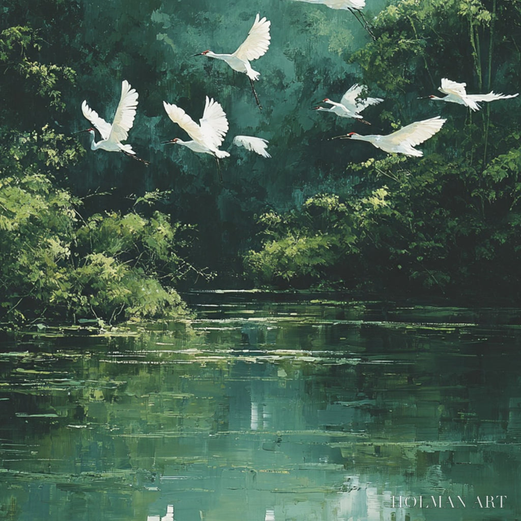 HOLMAN ART Green Haven – Serene Forest Landscape with Flying Egrets Painting - image 3