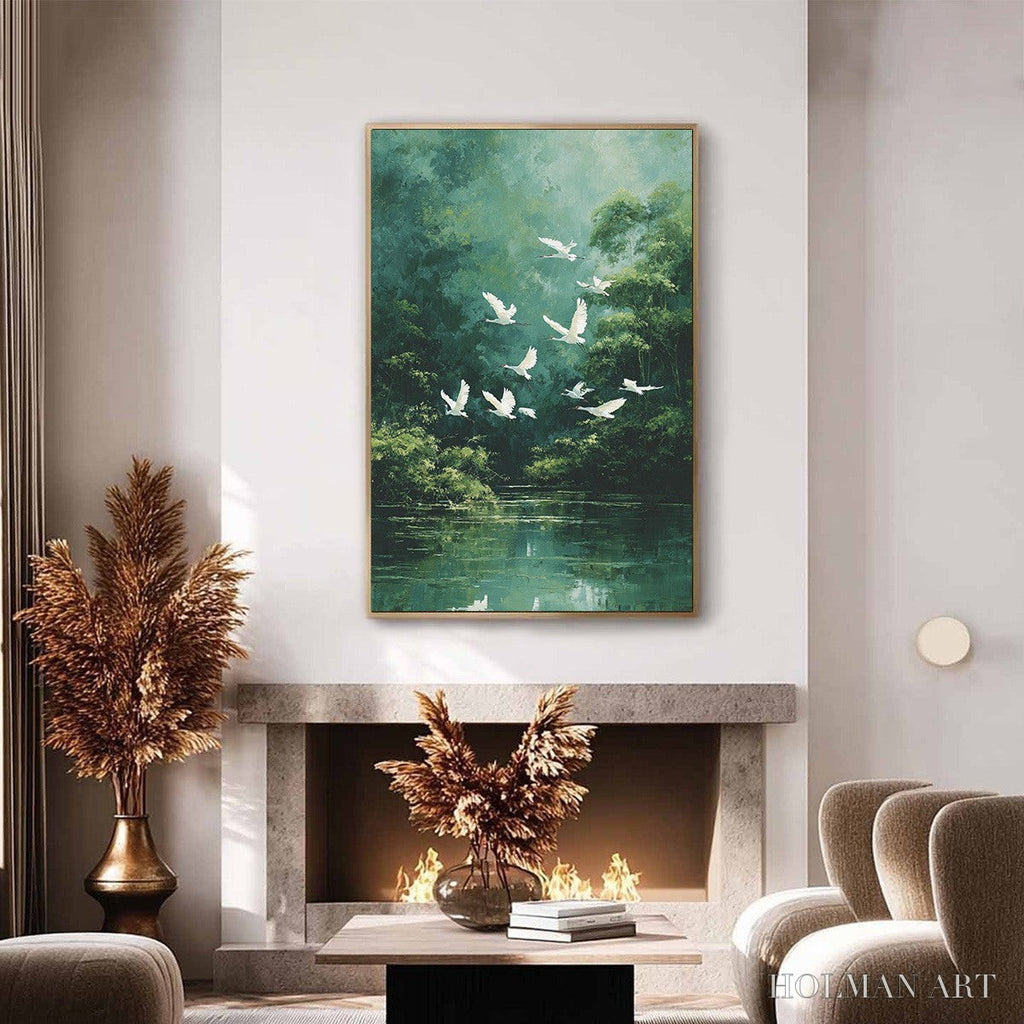 HOLMAN ART Green Haven – Serene Forest Landscape with Flying Egrets Painting - image 4