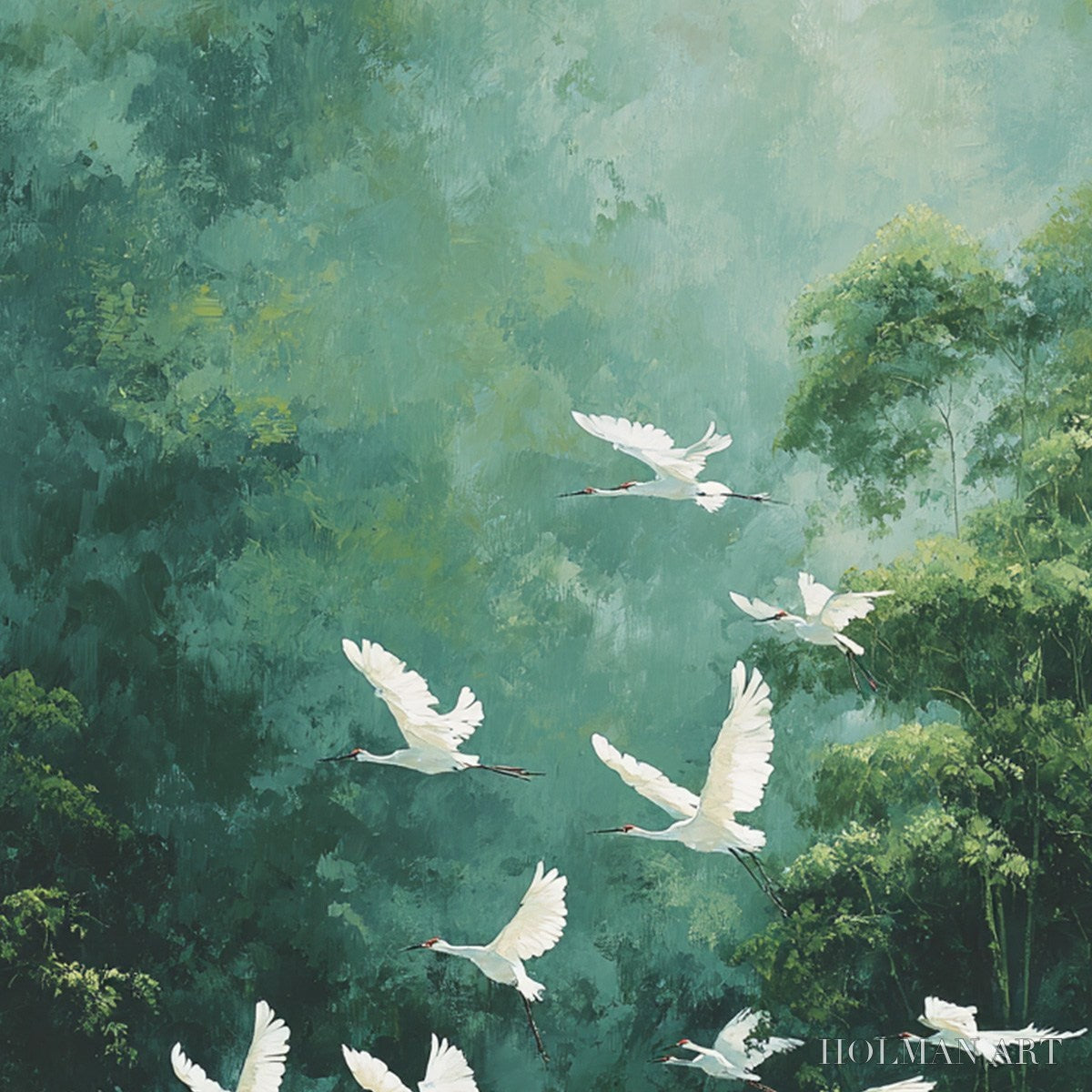 HOLMAN ART Green Haven – Serene Forest Landscape with Flying Egrets Painting - image 5