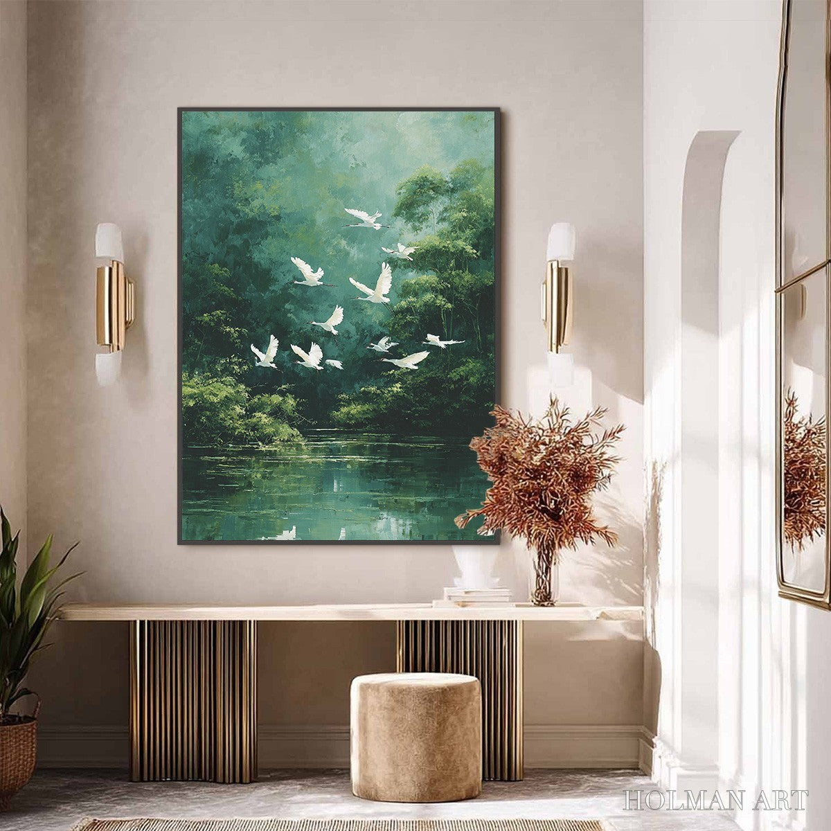 HOLMAN ART Green Haven – Serene Forest Landscape with Flying Egrets Painting - image 6