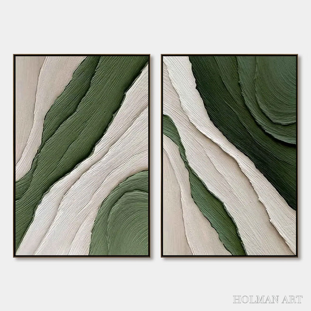 HOLMAN ART Verdant Flow – Textured Abstract Green and White Diptych Painting - image 1