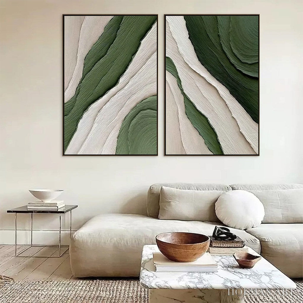 HOLMAN ART Verdant Flow – Textured Abstract Green and White Diptych Painting - image 3