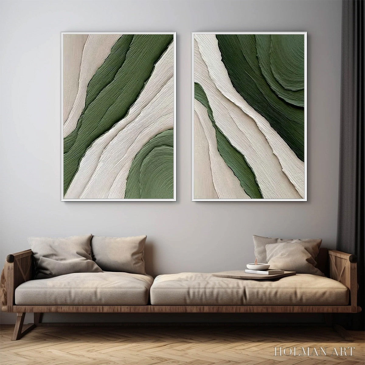 HOLMAN ART Verdant Flow – Textured Abstract Green and White Diptych Painting - image 4