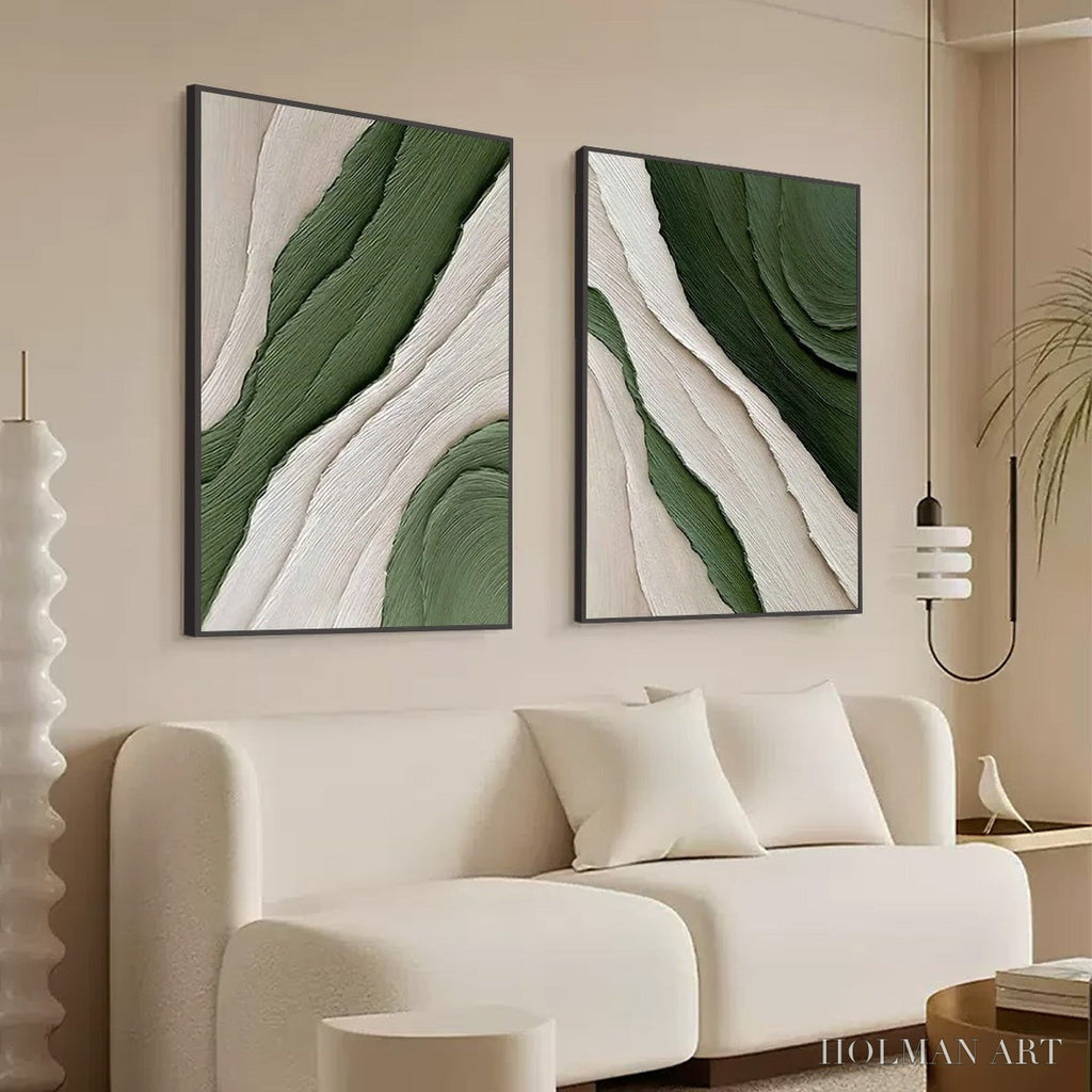 HOLMAN ART Verdant Flow – Textured Abstract Green and White Diptych Painting - image 5