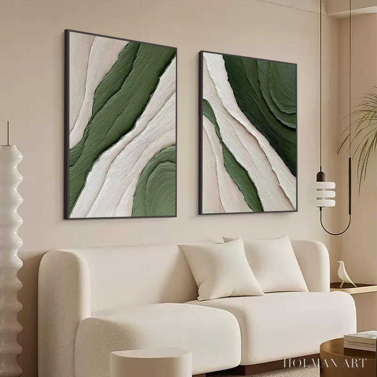 HOLMAN ART Verdant Flow – Textured Abstract Green and White Diptych Painting - image 5