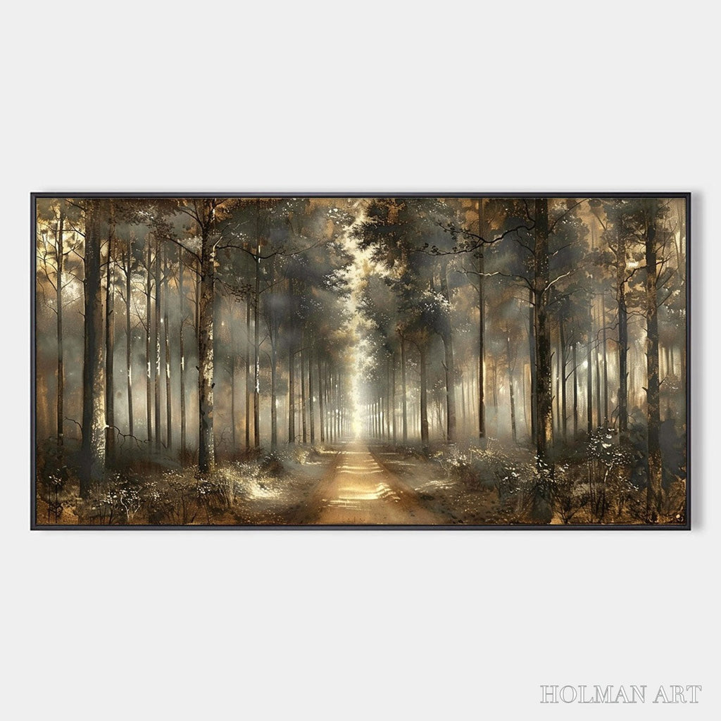 HOLMAN ART Forest Path – Panoramic Misty Forest Landscape Oil Painting - image 1