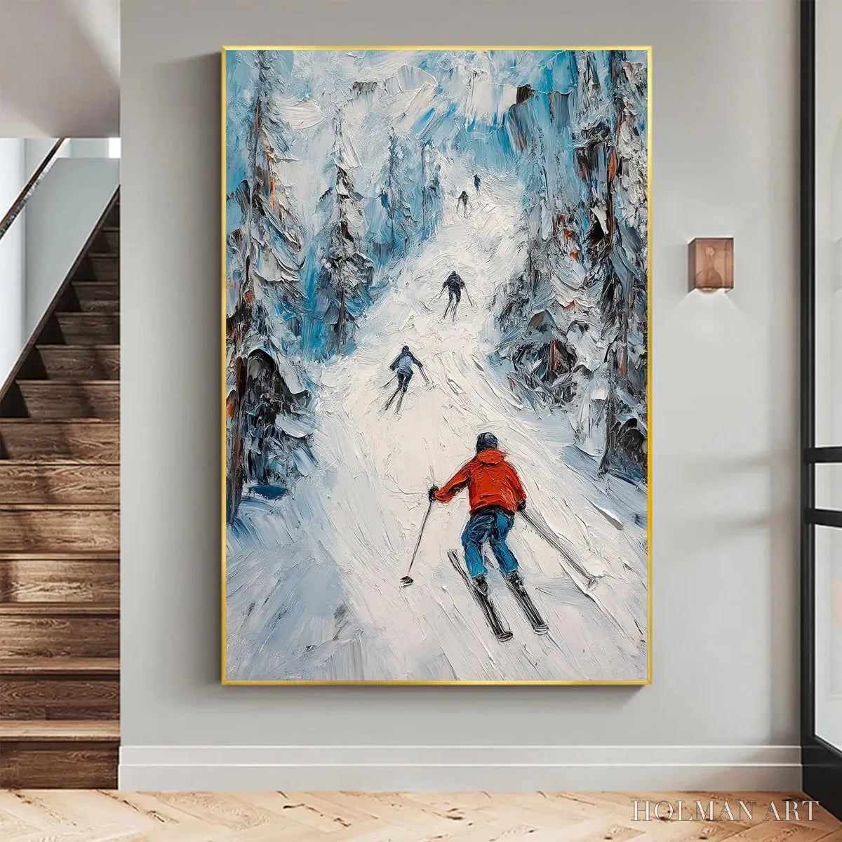 HOLMAN ART First Run – Textured Impasto Skiing Painting on Vertical Canvas - image 2