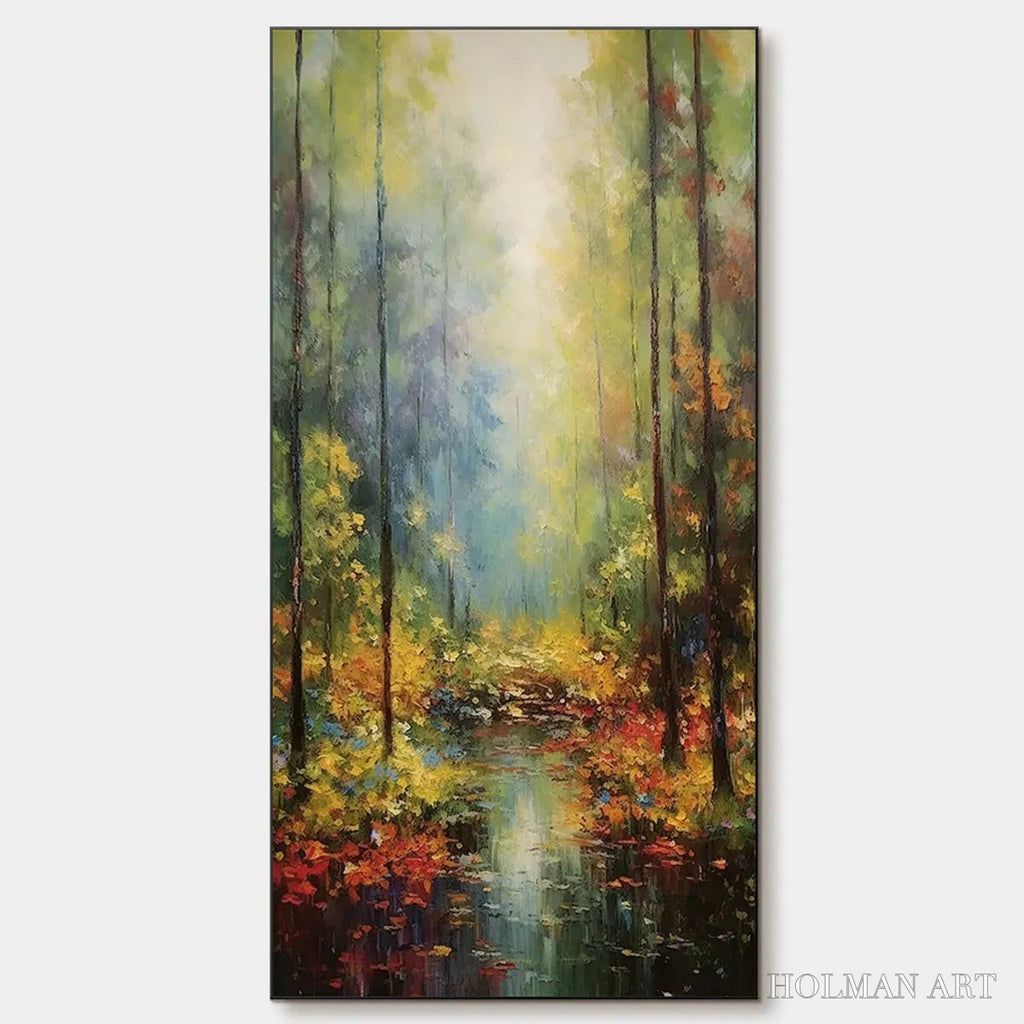 HOLMAN ART Autumn Woodland Stream – Vertical Landscape Oil Painting, Forest Scene with Stream, Fall Colors, Nature - image 1