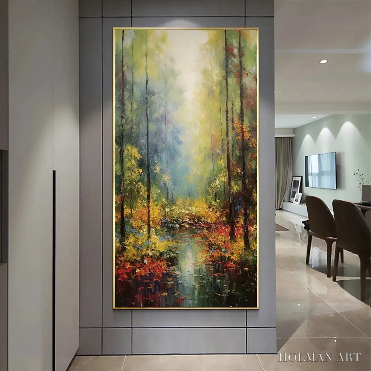 HOLMAN ART Autumn Woodland Stream – Vertical Landscape Oil Painting, Forest Scene with Stream, Fall Colors, Nature - image 2