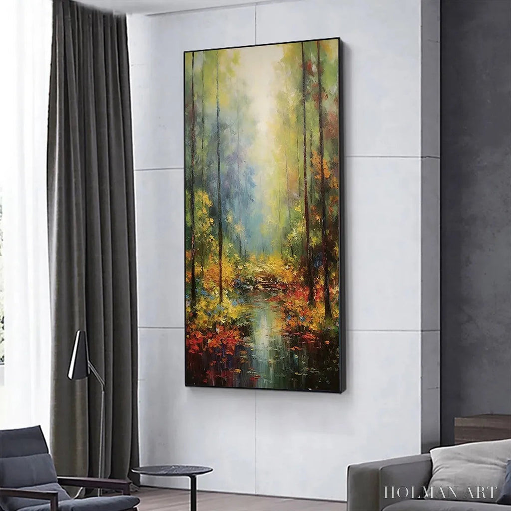 HOLMAN ART Autumn Woodland Stream – Vertical Landscape Oil Painting, Forest Scene with Stream, Fall Colors, Nature - image 4