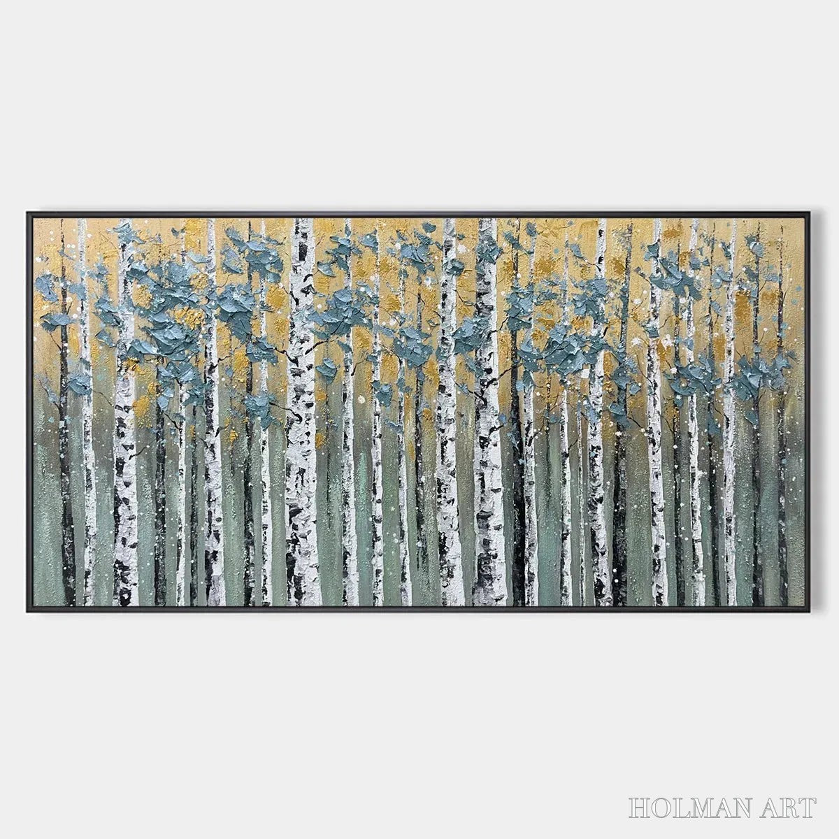 HOLMAN ART Golden Birch Grove – Textured Birch Tree Painting, Gold and Green , Horizontal Canvas, Forest Decor - image 1