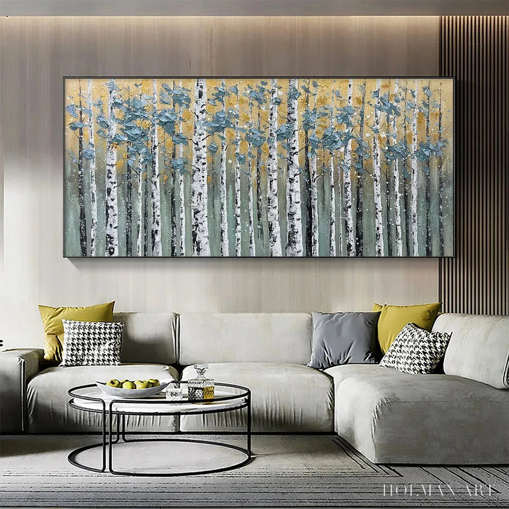 HOLMAN ART Golden Birch Grove – Textured Birch Tree Painting, Gold and Green , Horizontal Canvas, Forest Decor - image 2