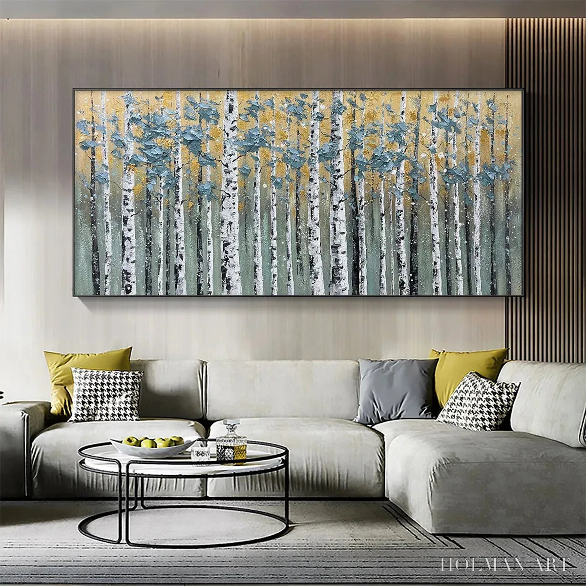 HOLMAN ART Golden Birch Grove – Textured Birch Tree Painting, Gold and Green , Horizontal Canvas, Forest Decor - image 2