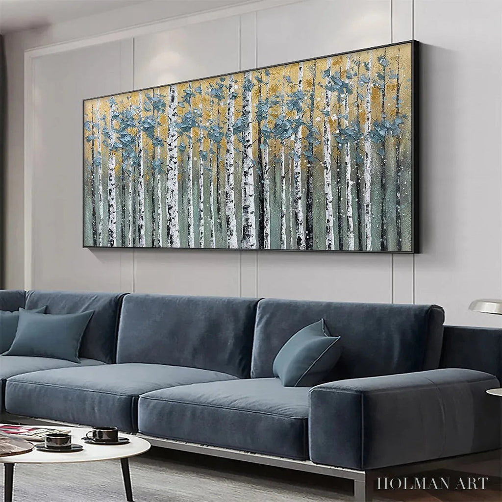 HOLMAN ART Golden Birch Grove – Textured Birch Tree Painting, Gold and Green , Horizontal Canvas, Forest Decor - image 4