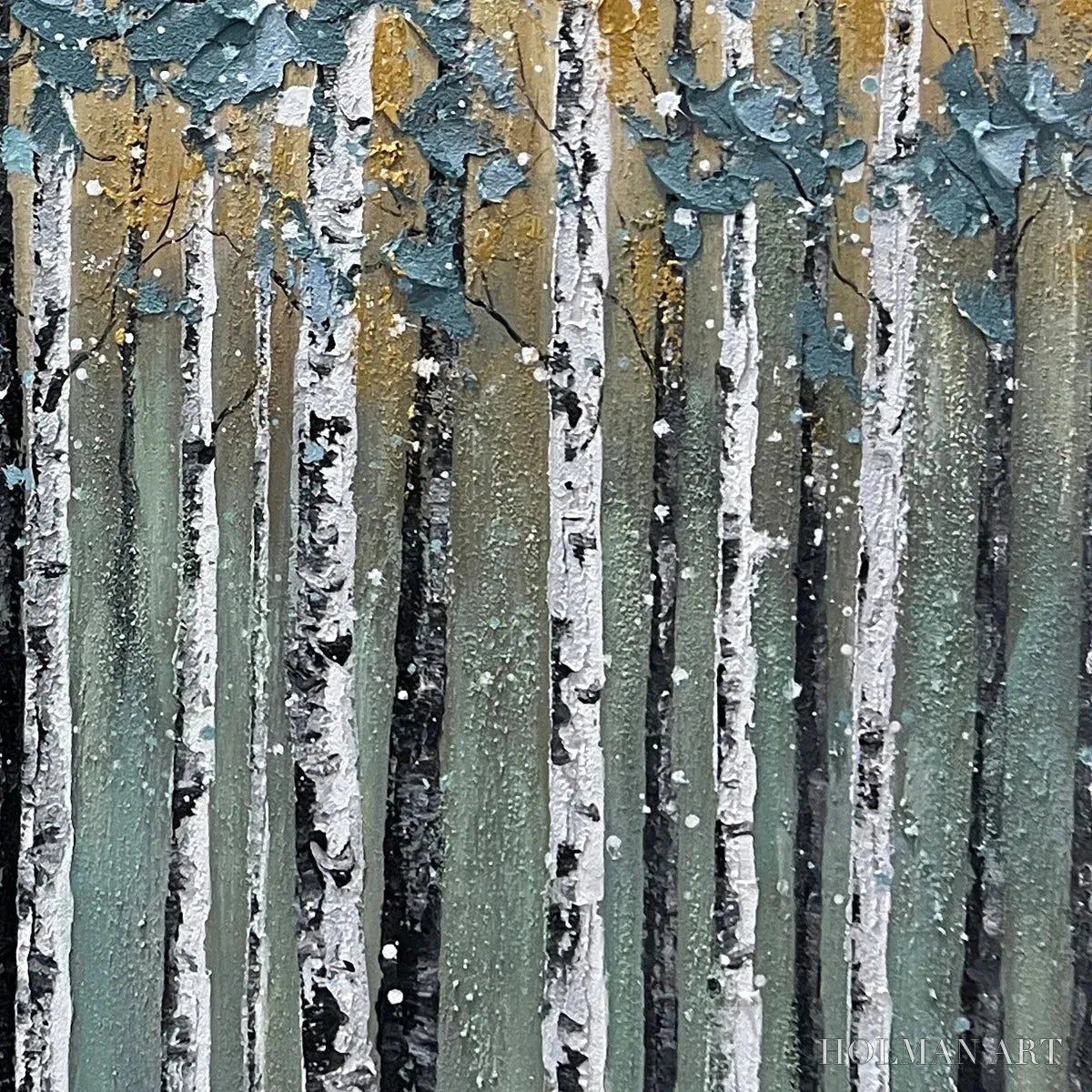 HOLMAN ART Golden Birch Grove – Textured Birch Tree Painting, Gold and Green , Horizontal Canvas, Forest Decor - image 5