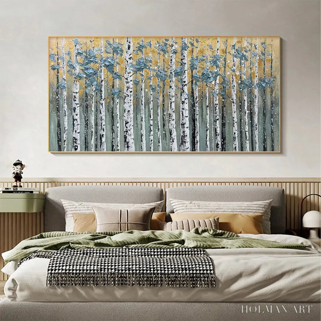 HOLMAN ART Golden Birch Grove – Textured Birch Tree Painting, Gold and Green , Horizontal Canvas, Forest Decor - image 6