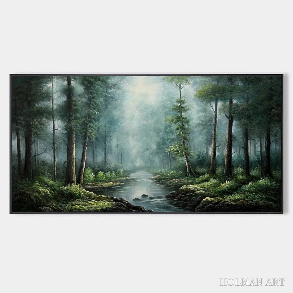 HOLMAN ART Forest Path – Panoramic Forest Painting with Stream, Misty Landscape, Canvas - image 1