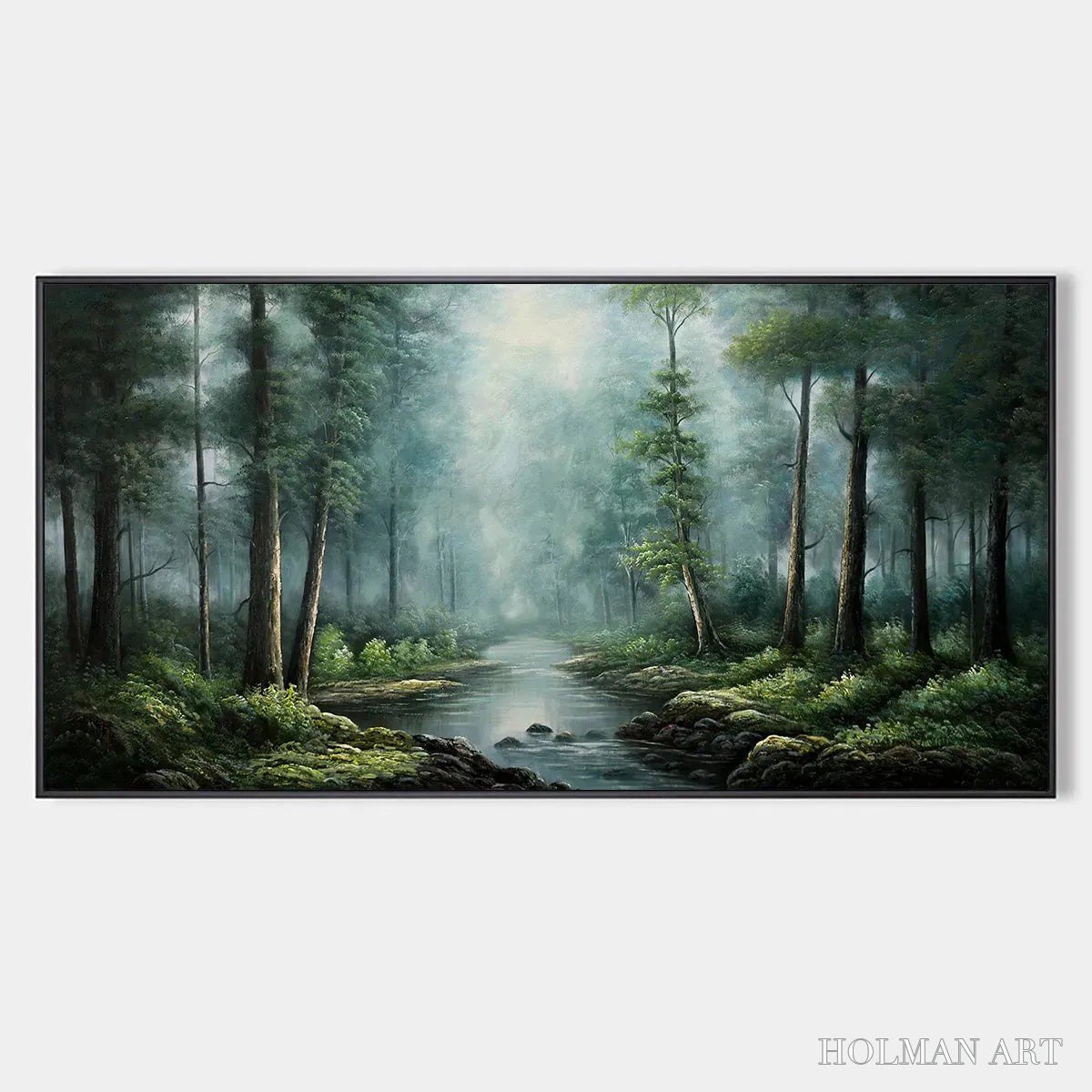 HOLMAN ART Forest Path – Panoramic Forest Painting with Stream, Misty Landscape, Canvas - image 1