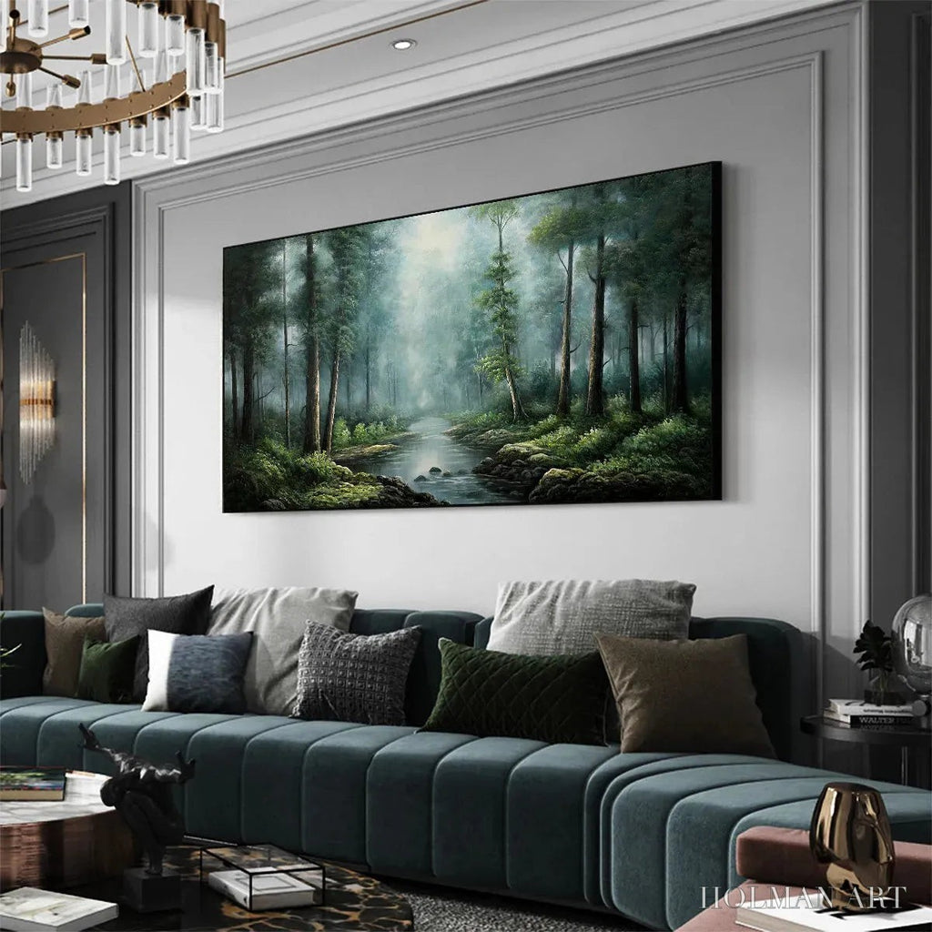 HOLMAN ART Forest Path – Panoramic Forest Painting with Stream, Misty Landscape, Canvas - image 4