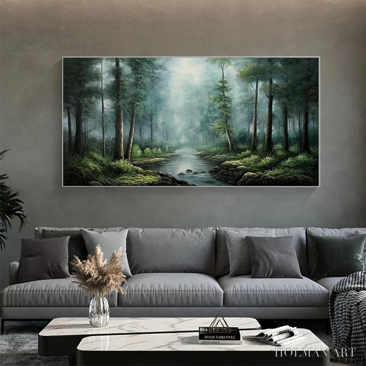 HOLMAN ART Forest Path – Panoramic Forest Painting with Stream, Misty Landscape, Canvas - image 5