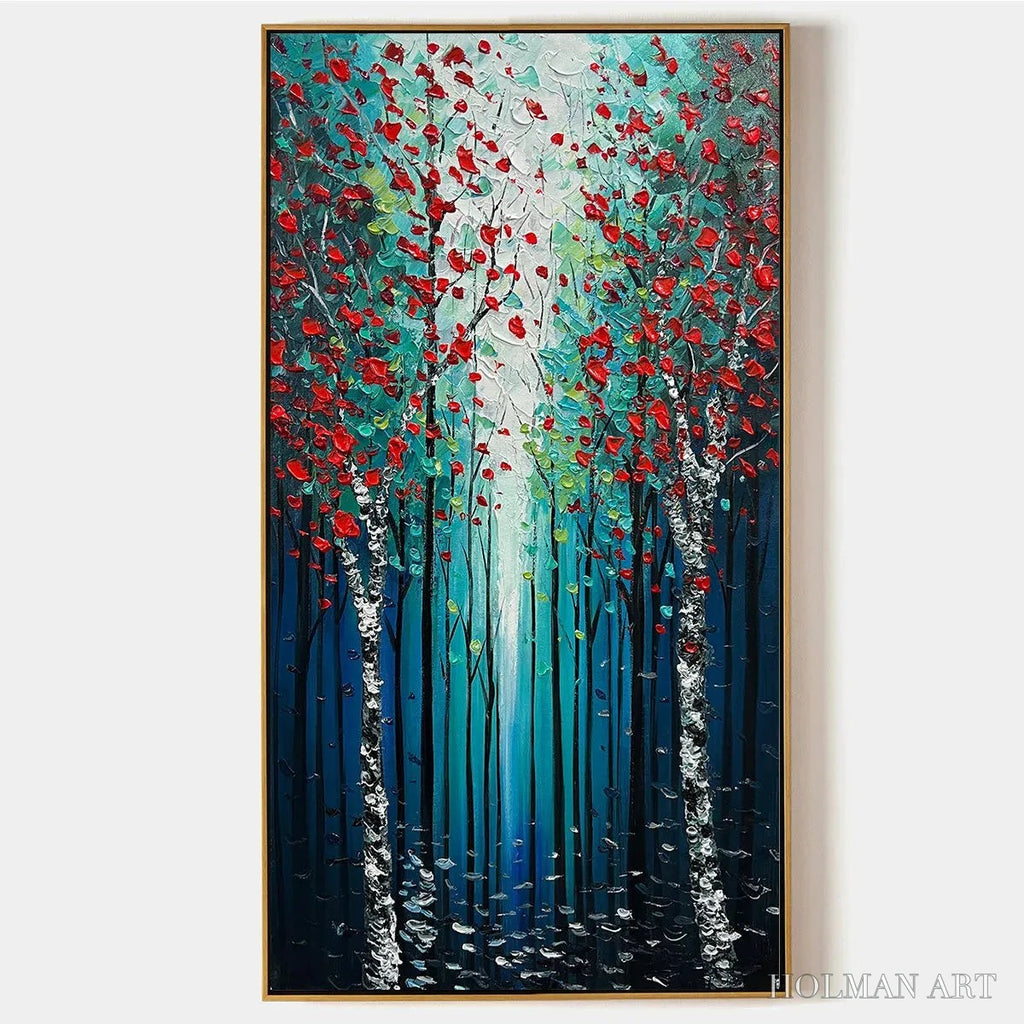 HOLMAN ART Crimson Forest – Vertical Textured Impasto Painting of a Forest with Red Accents, Modern , Blue, Green and Red - image 1