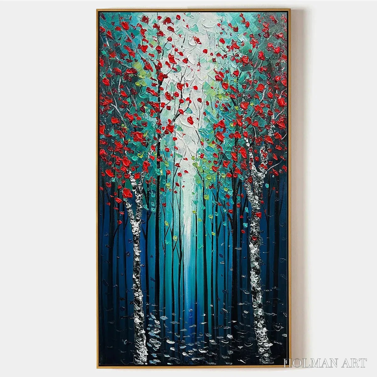 HOLMAN ART Crimson Forest – Vertical Textured Impasto Painting of a Forest with Red Accents, Modern , Blue, Green and Red - image 1