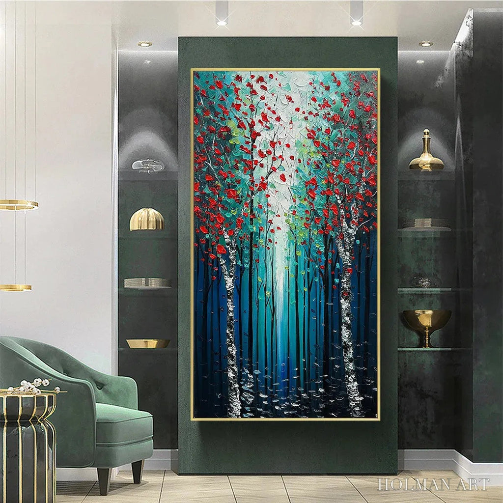 HOLMAN ART Crimson Forest – Vertical Textured Impasto Painting of a Forest with Red Accents, Modern , Blue, Green and Red - image 4