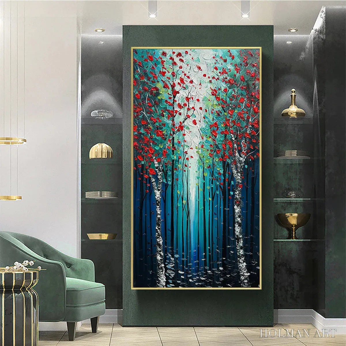 HOLMAN ART Crimson Forest – Vertical Textured Impasto Painting of a Forest with Red Accents, Modern , Blue, Green and Red - image 4