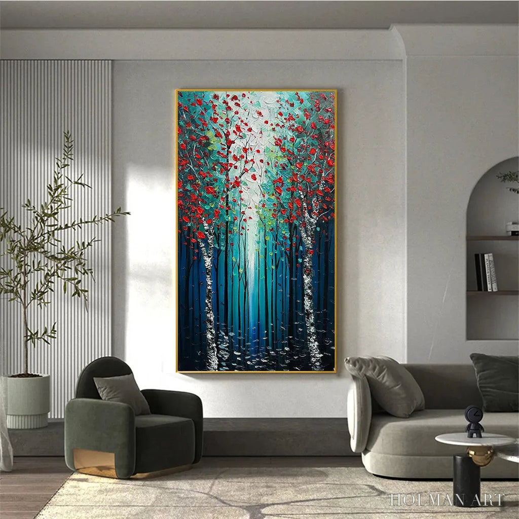 HOLMAN ART Crimson Forest – Vertical Textured Impasto Painting of a Forest with Red Accents, Modern , Blue, Green and Red - image 5
