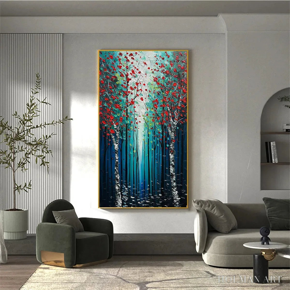 HOLMAN ART Crimson Forest – Vertical Textured Impasto Painting of a Forest with Red Accents, Modern , Blue, Green and Red - image 5