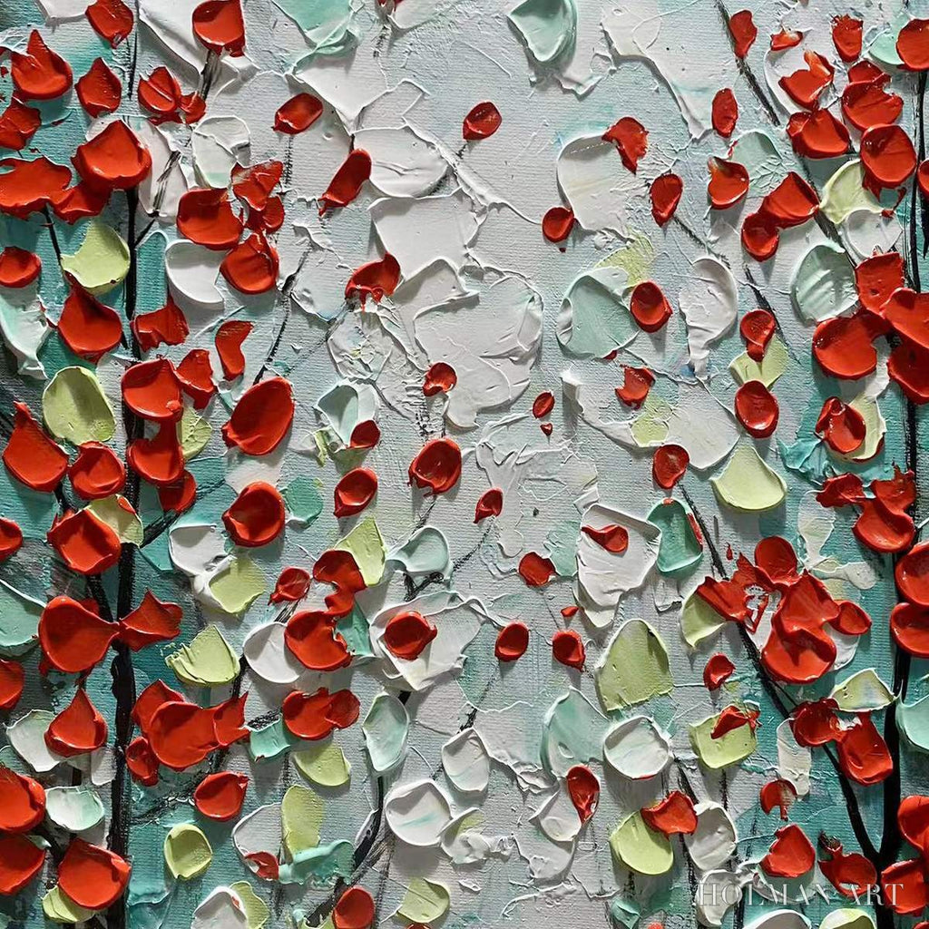 HOLMAN ART Crimson Forest – Vertical Textured Impasto Painting of a Forest with Red Accents, Modern , Blue, Green and Red - image 6