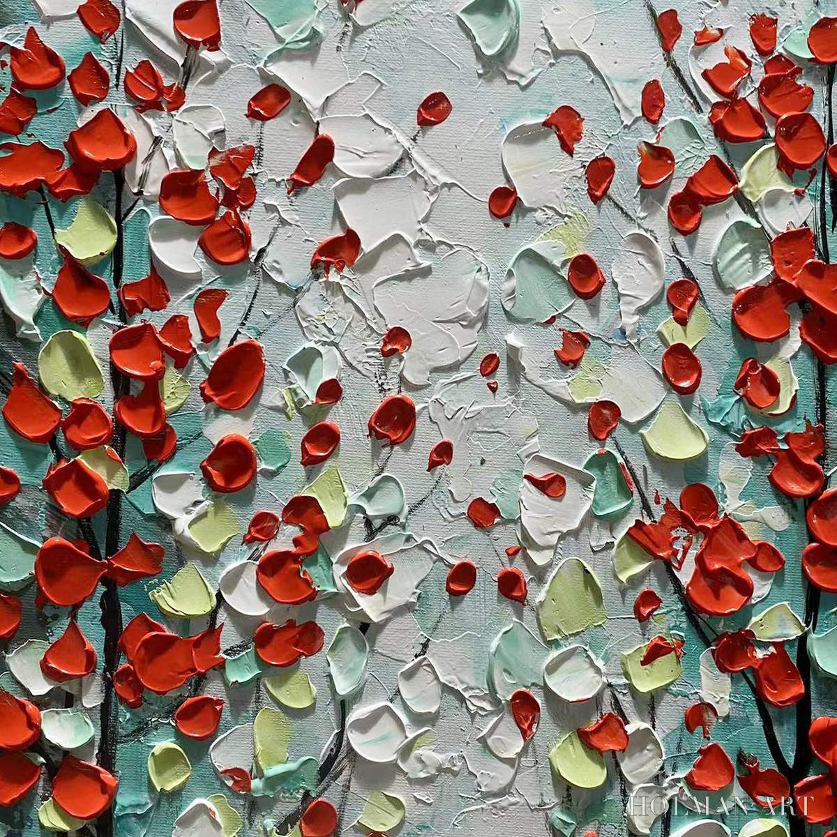 HOLMAN ART Crimson Forest – Vertical Textured Impasto Painting of a Forest with Red Accents, Modern , Blue, Green and Red - image 6