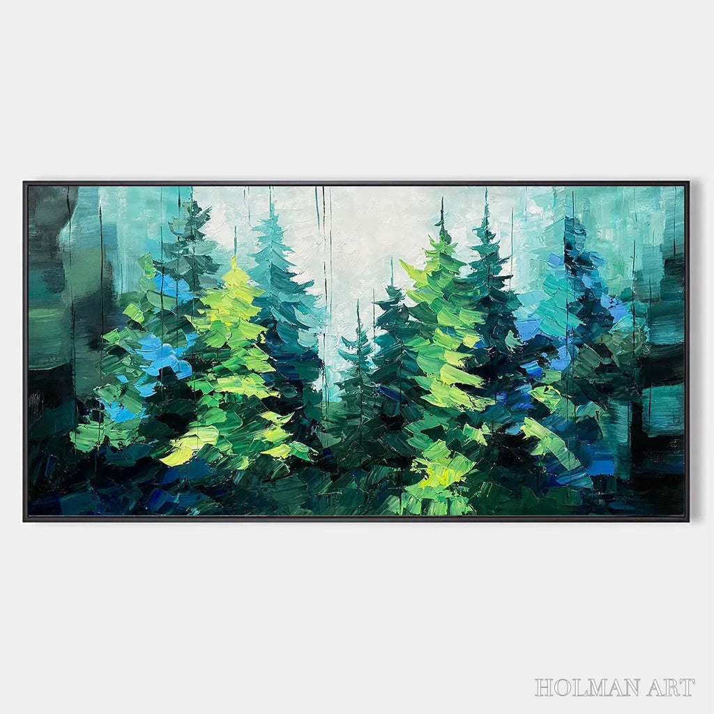 HOLMAN ART Emerald Forest – Panoramic Landscape Painting of an Evergreen Forest, Textured Impasto, Modern , Green - image 1