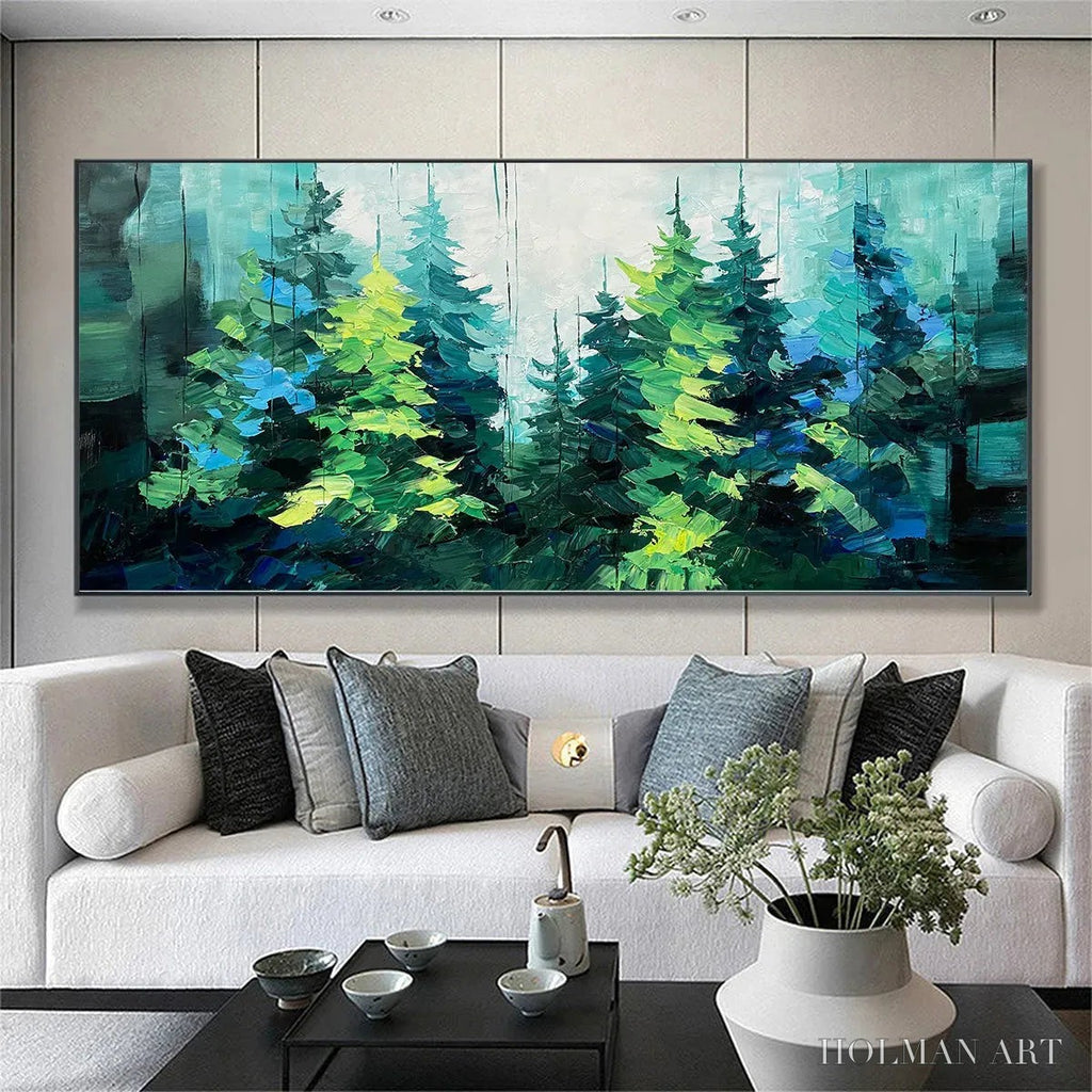 HOLMAN ART Emerald Forest – Panoramic Landscape Painting of an Evergreen Forest, Textured Impasto, Modern , Green - image 2