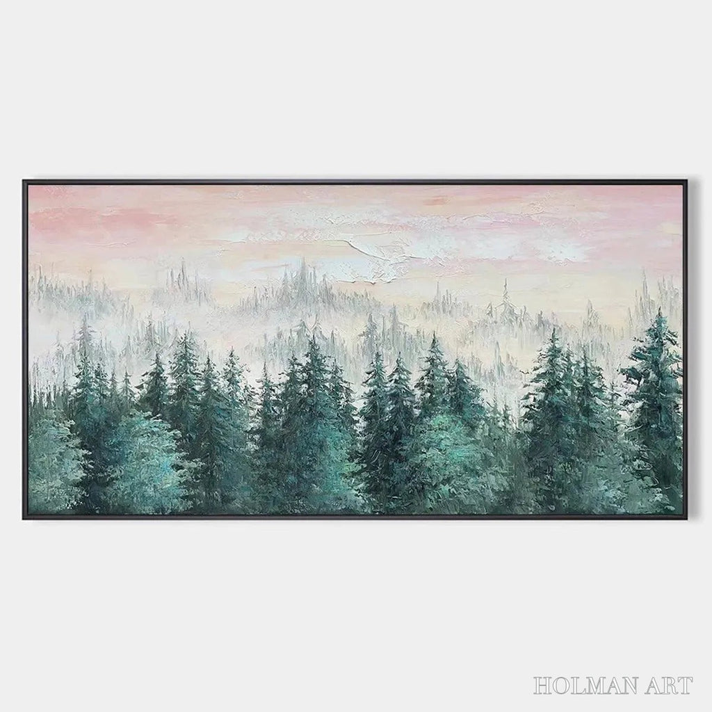 HOLMAN ART Misty Pines – Panoramic Forest Landscape Painting, Misty Trees, Green - image 1