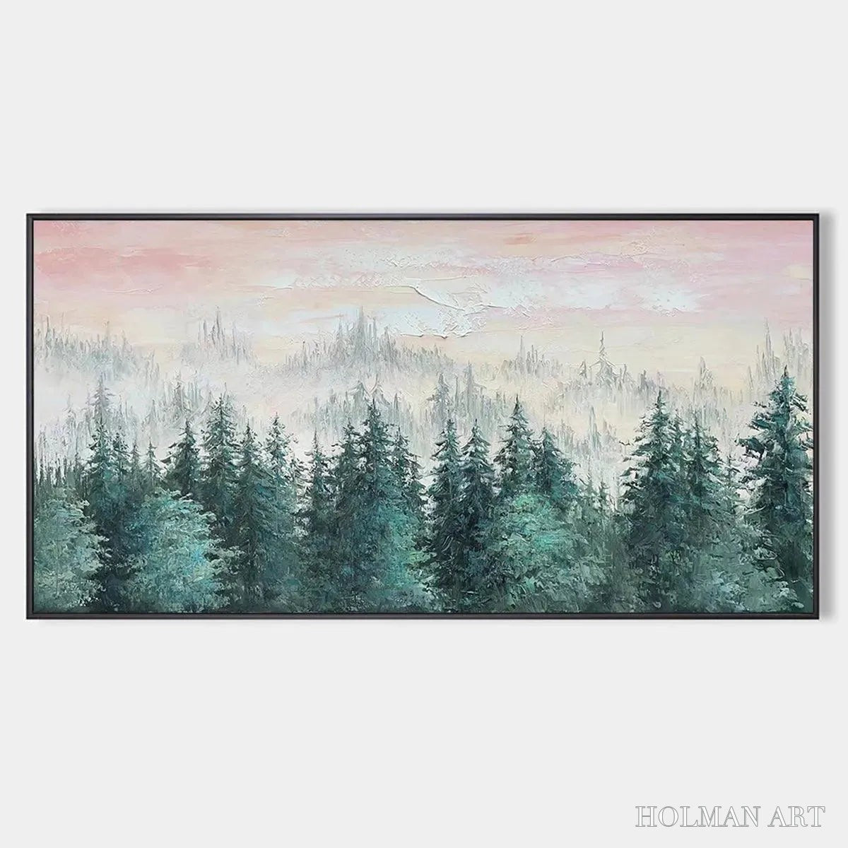 HOLMAN ART Misty Pines – Panoramic Forest Landscape Painting, Misty Trees, Green - image 1