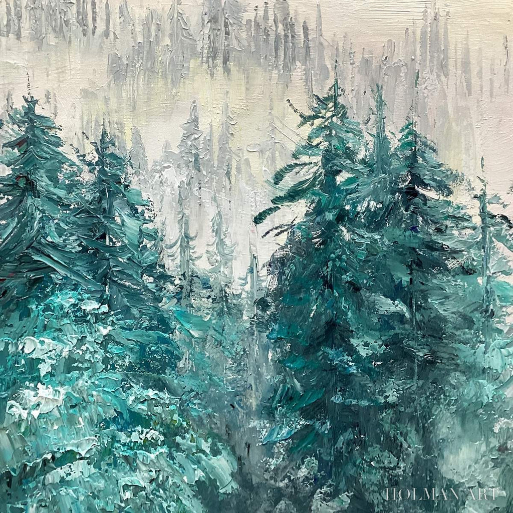 HOLMAN ART Misty Pines – Panoramic Forest Landscape Painting, Misty Trees, Green - image 5