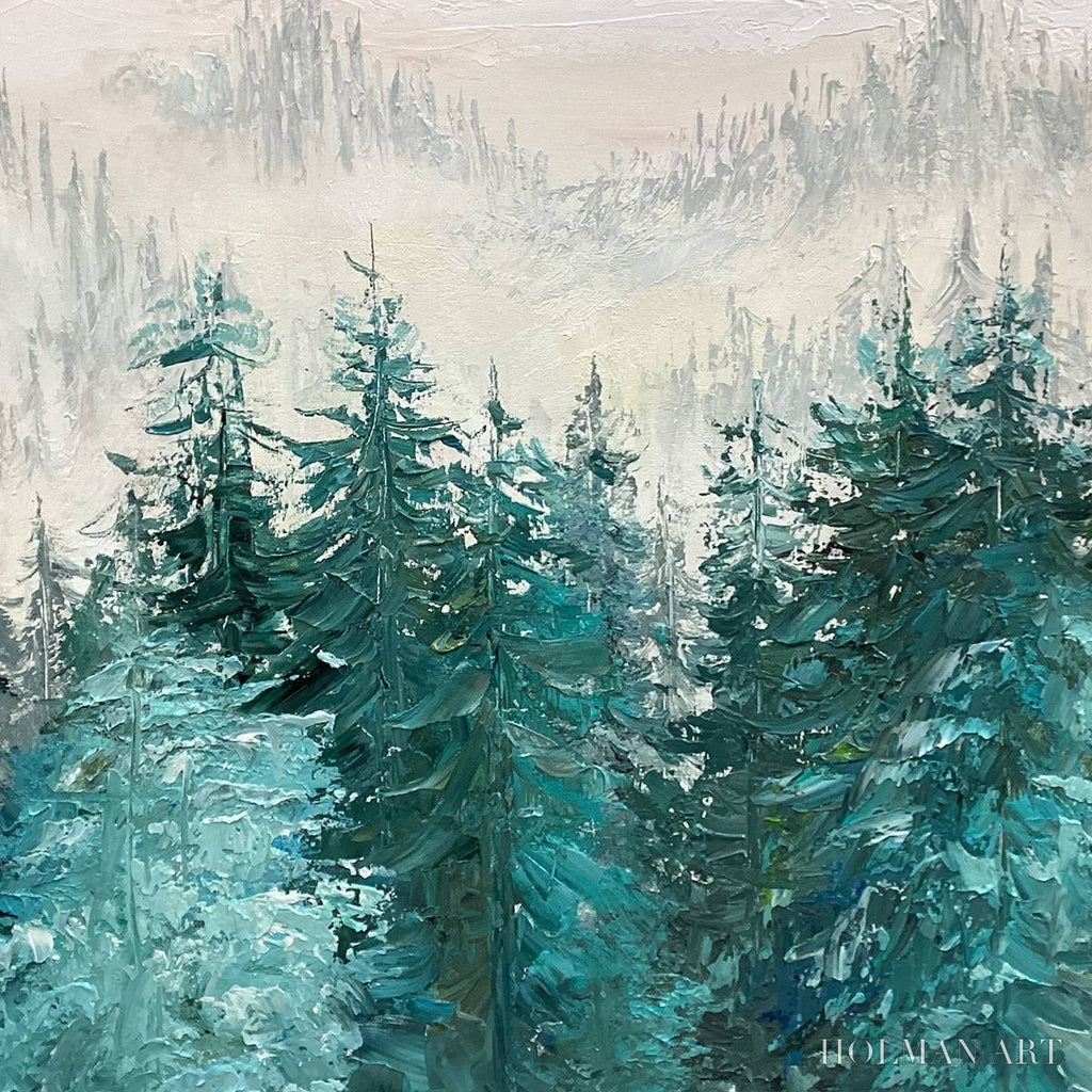 HOLMAN ART Misty Pines – Panoramic Forest Landscape Painting, Misty Trees, Green - image 6