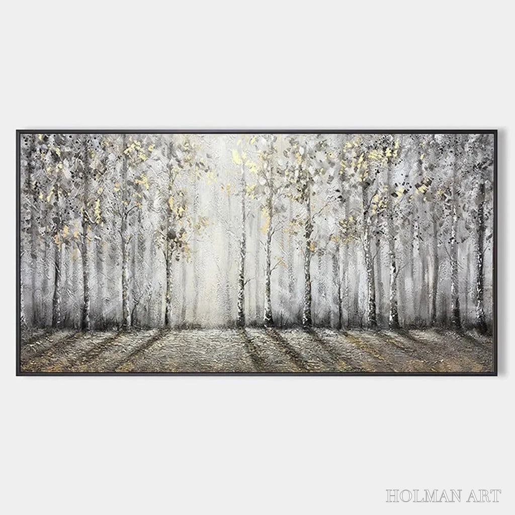 HOLMAN ART Golden Birchwood – Panoramic Birch Forest Landscape Oil Painting with Gold Accents - image 1