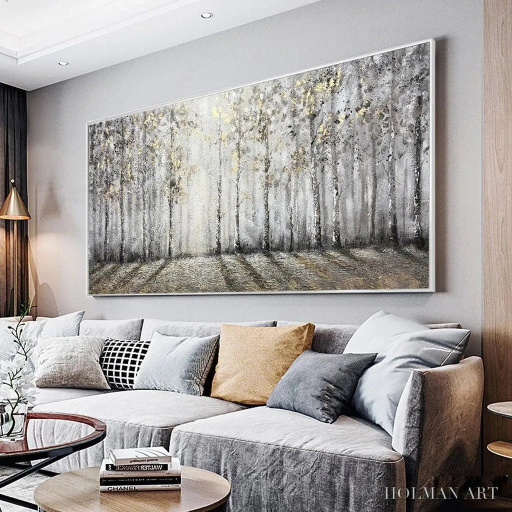 HOLMAN ART Golden Birchwood – Panoramic Birch Forest Landscape Oil Painting with Gold Accents - image 2