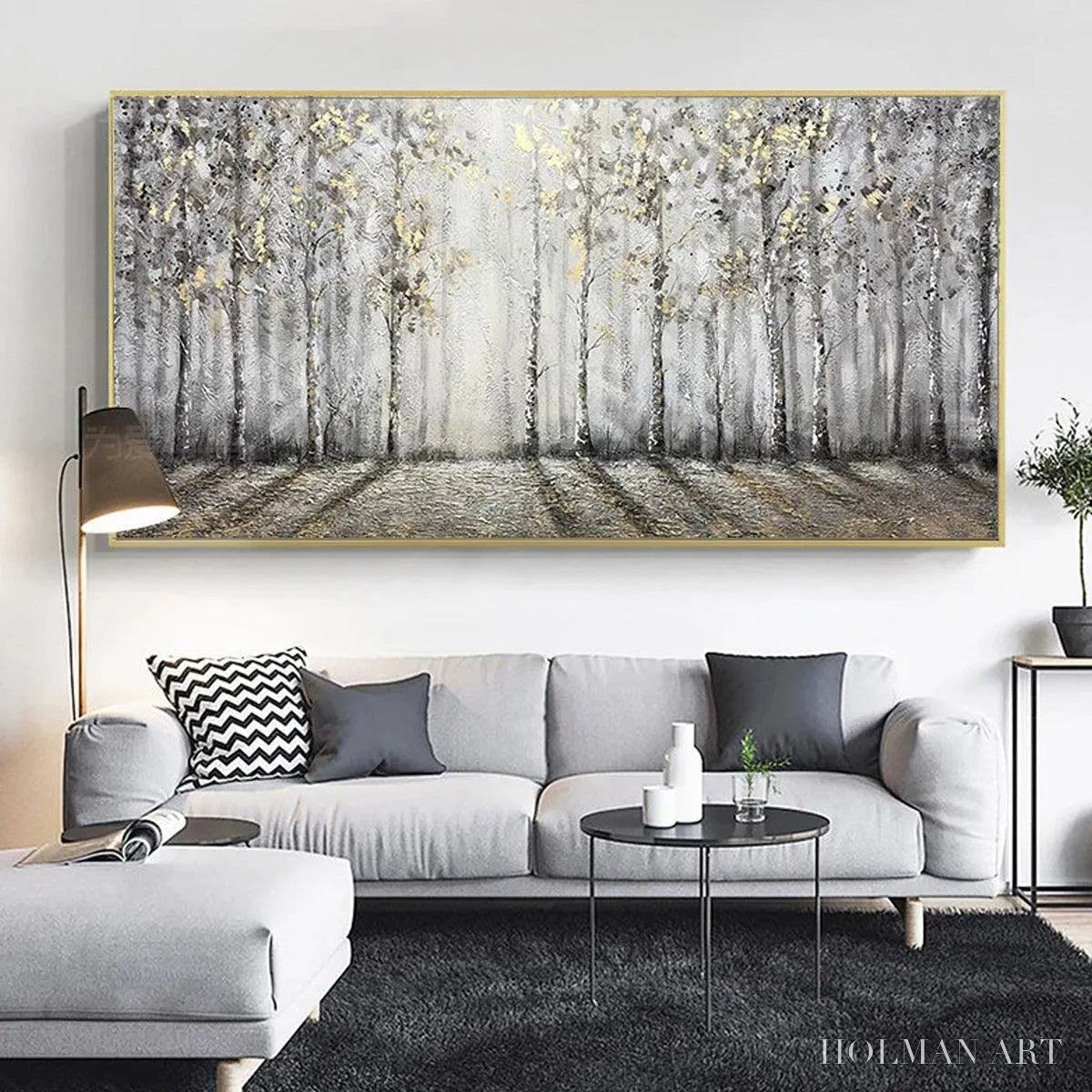 HOLMAN ART Golden Birchwood – Panoramic Birch Forest Landscape Oil Painting with Gold Accents - image 5