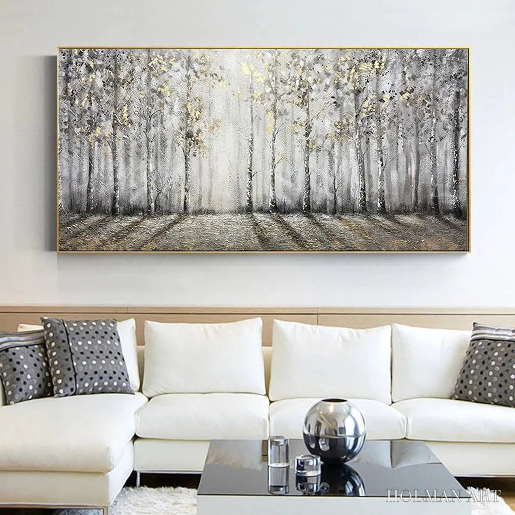 HOLMAN ART Golden Birchwood – Panoramic Birch Forest Landscape Oil Painting with Gold Accents - image 6