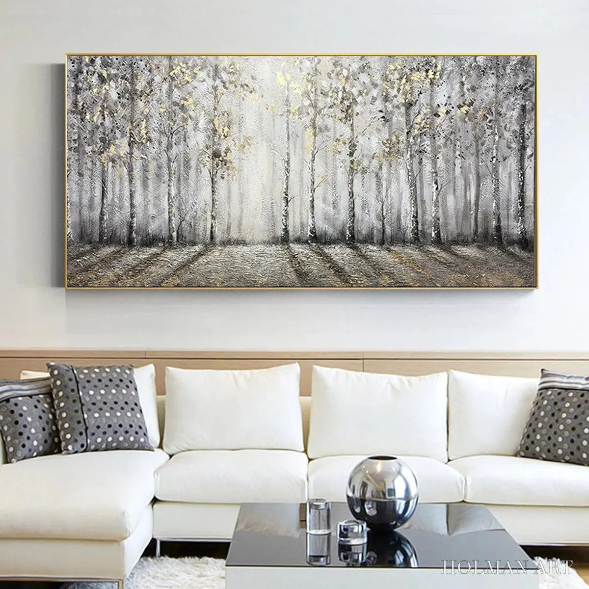 HOLMAN ART Golden Birchwood – Panoramic Birch Forest Landscape Oil Painting with Gold Accents - image 6