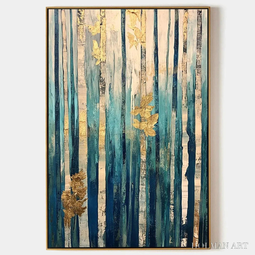 HOLMAN ART Azure Forest – Vertical Abstract Forest Oil Painting with Gold Leaf - image 1