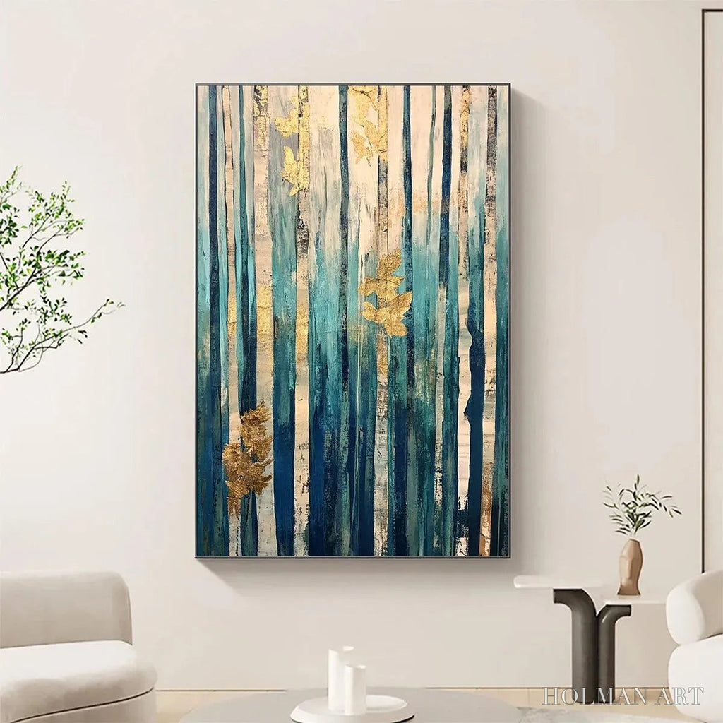 HOLMAN ART Azure Forest – Vertical Abstract Forest Oil Painting with Gold Leaf - image 2