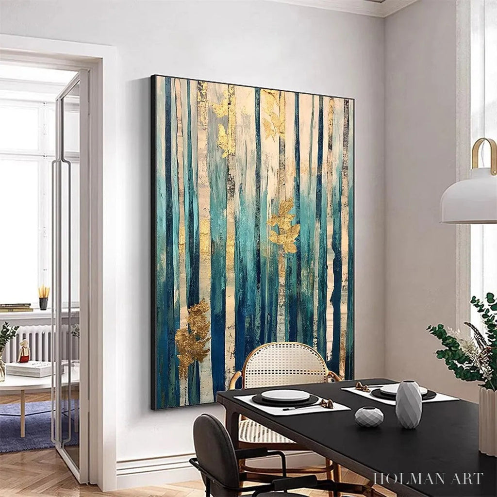 HOLMAN ART Azure Forest – Vertical Abstract Forest Oil Painting with Gold Leaf - image 4